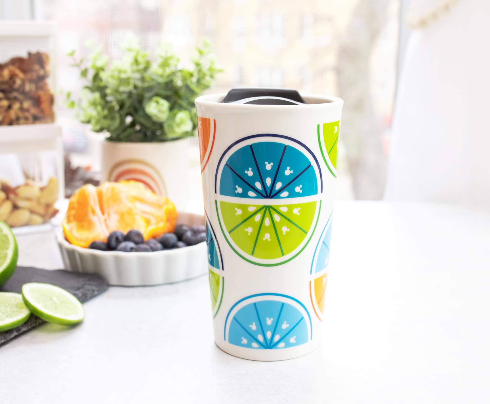 Alt View 5. Disney - Disney Mickey Mouse Fruit Slices Ceramic Travel Mug With Lid | Holds 10 Ounces - Orange.