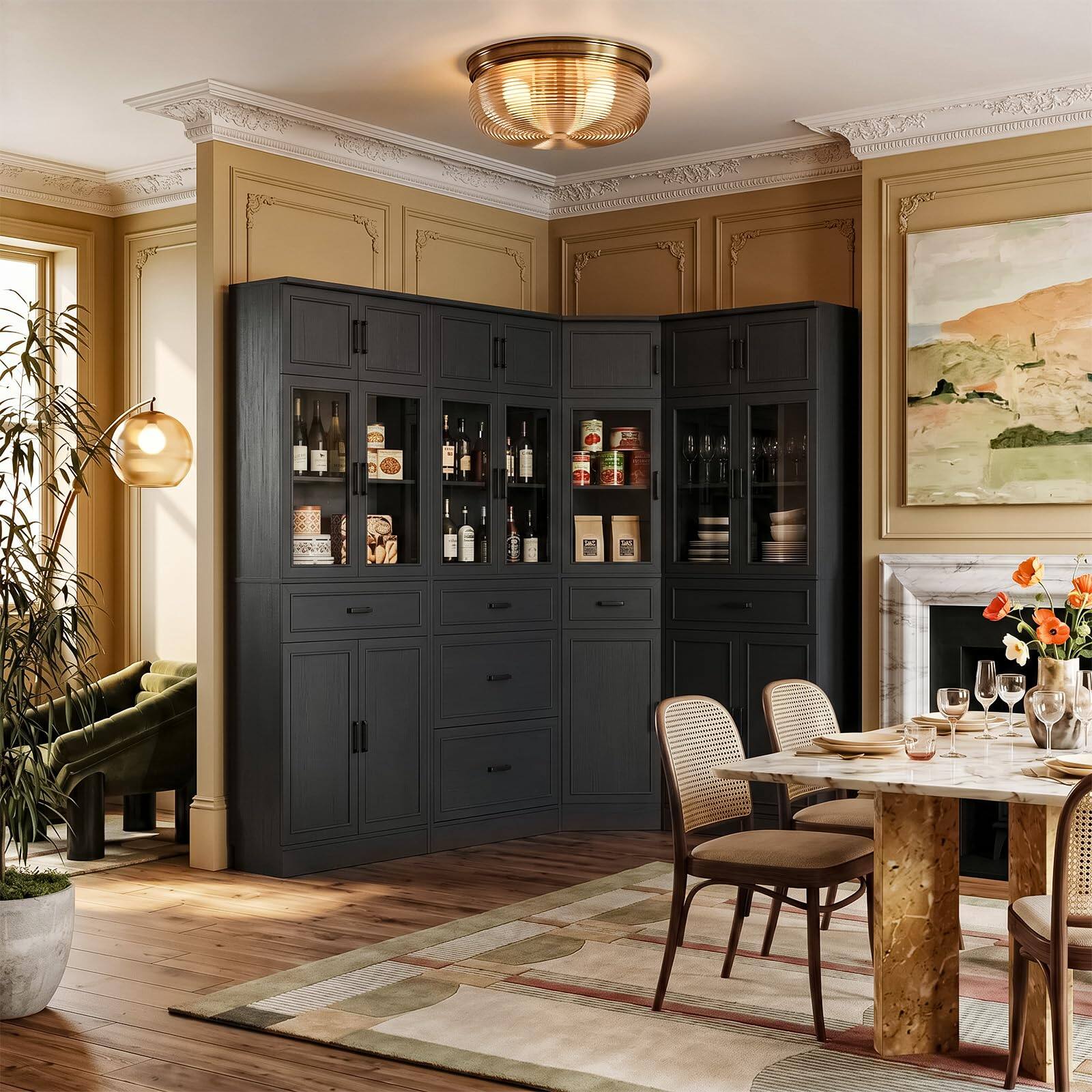 Left. Aheaplus - 80" Tall Corner Bookcase & Storage Cabinet Set - Versatile Organizer for Home Office, Living & Dining Room - Black.