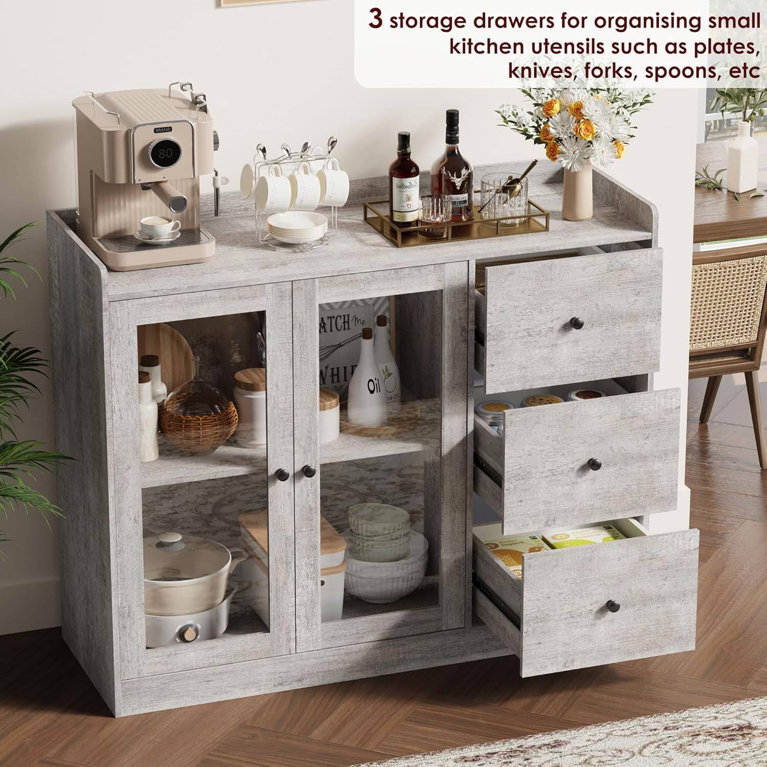 3 storage drawers for organising small kitchen utensils such as plates, knives, forks, spoons, etc.