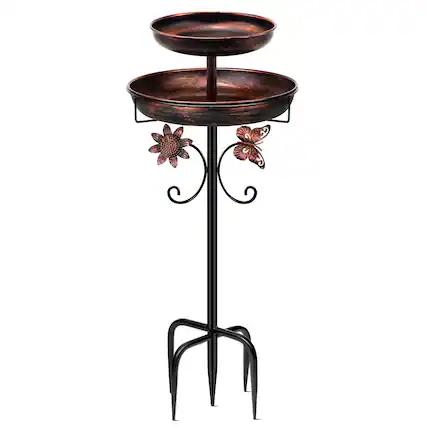 Front. Dazzed Corner - 42" Tall Freestanding Bird Bath for Outdoors, Double Metal Bird Bath Feeder Bowls for Garden Patio Yard Lawn Decor - Antique Bronze.