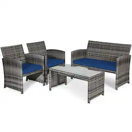 Costway - 4PCS Patio Rattan Furniture Set Conversation Glass Table Top Sofa Cushioned - Navy