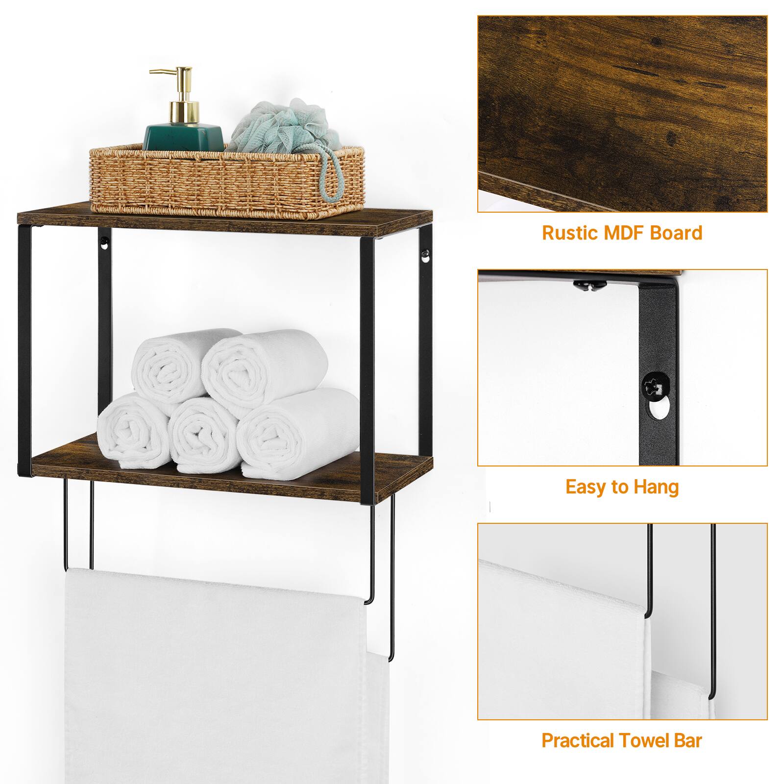 Rustic MDF Board  
Easy to Hang  
Practical Towel Bar