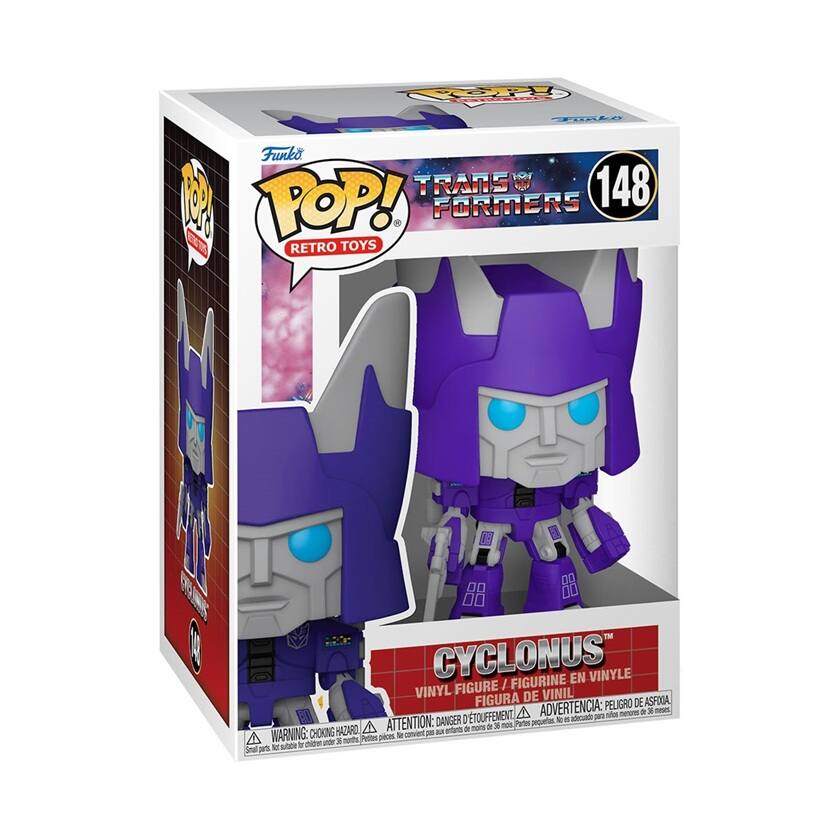 Sure, here is the corrected and grouped text from the image:

---

**Funko POP! RETRO TOYS**

**TRANSFORMERS**

**148**

**CYCLONUS**

**VINYL FIGURE / FIGURINE EN VINYLE / FIGURA DE VINIL**

**WARNING: CHOKING HAZARD - Small parts. Not for children under 3 years.**

**ADVERTENCIA: PEQUEÑOS PIEZAS. NO ES APTO PARA MENORES DE 3 AÑOS.**

**ATTENTION: RISQUE DE SOUFFLEMENT - Petites pièces. Ne convient pas aux enfants de moins de 3 ans.**

---

This text is grouped and corrected from the image provided.