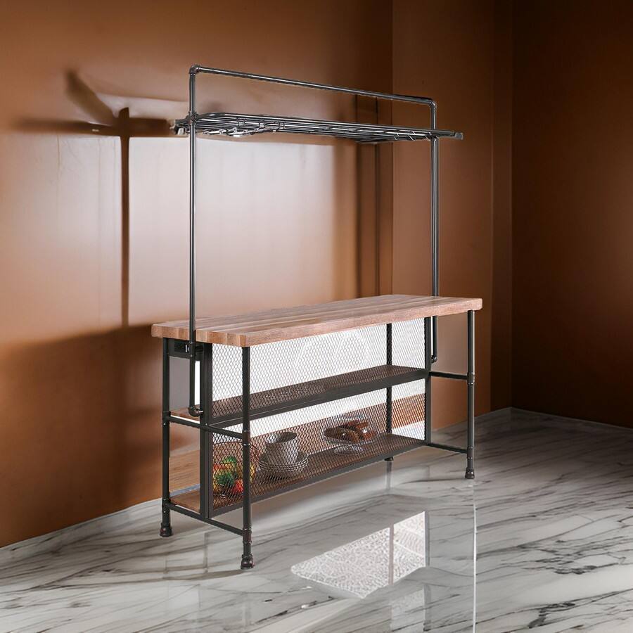 Alt View 5. Manhattan Lane - 59 Inch Bar Table with Hanging Rack, Sand Black Metal, Natural Brown Wood - Black, Brown, Copper.
