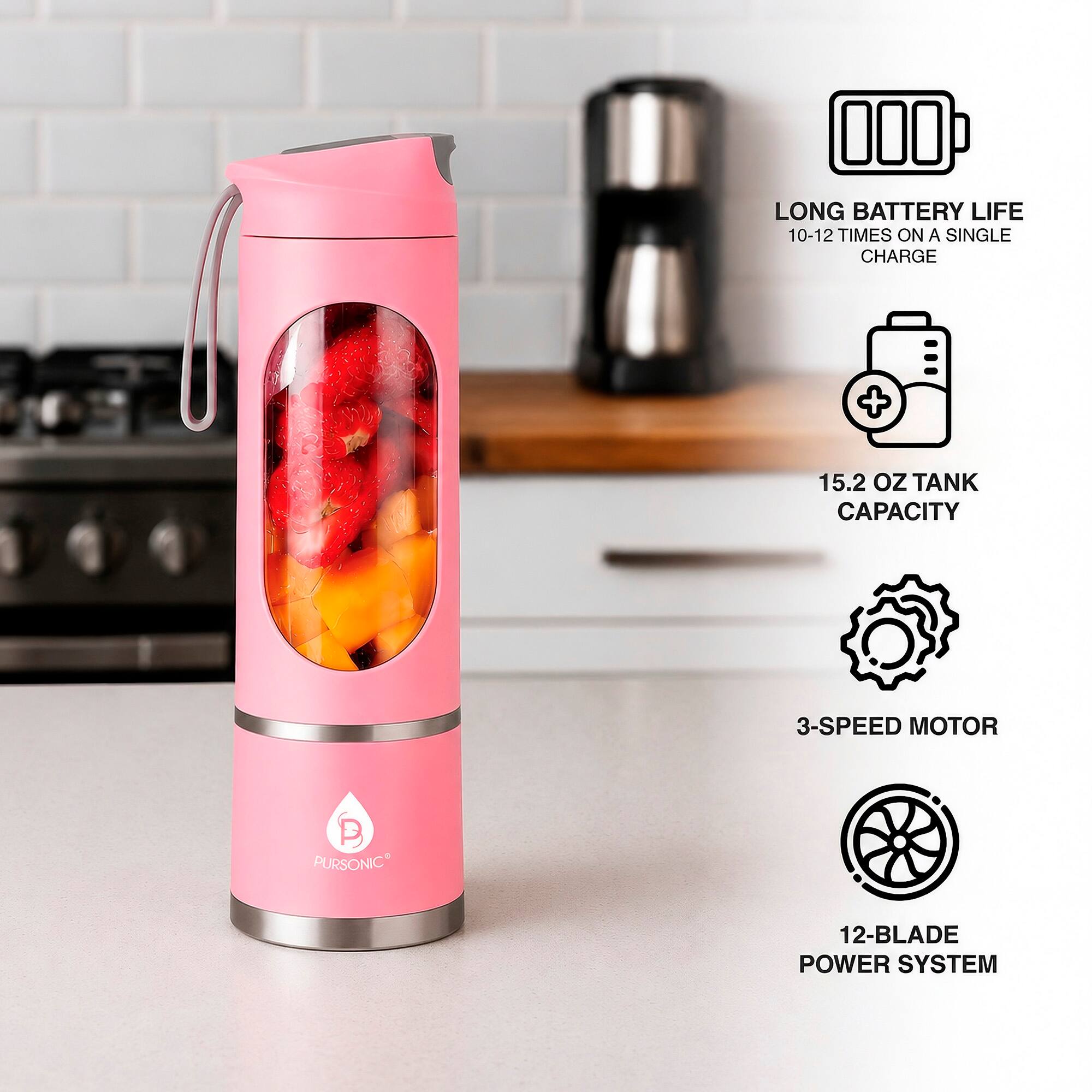 LONG BATTERY LIFE 10-12 TIMES ON A SINGLE CHARGE  
15.2 OZ TANK CAPACITY  
3-SPEED MOTOR  
12-BLADE POWER SYSTEM