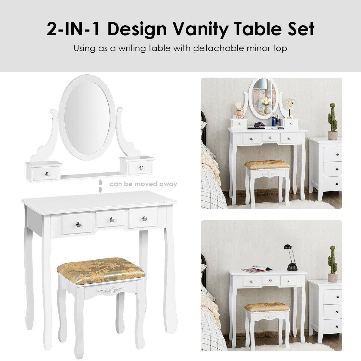 2-IN-1 Design Vanity Table Set  
Using as a writing table with detachable mirror top  
can be moved away