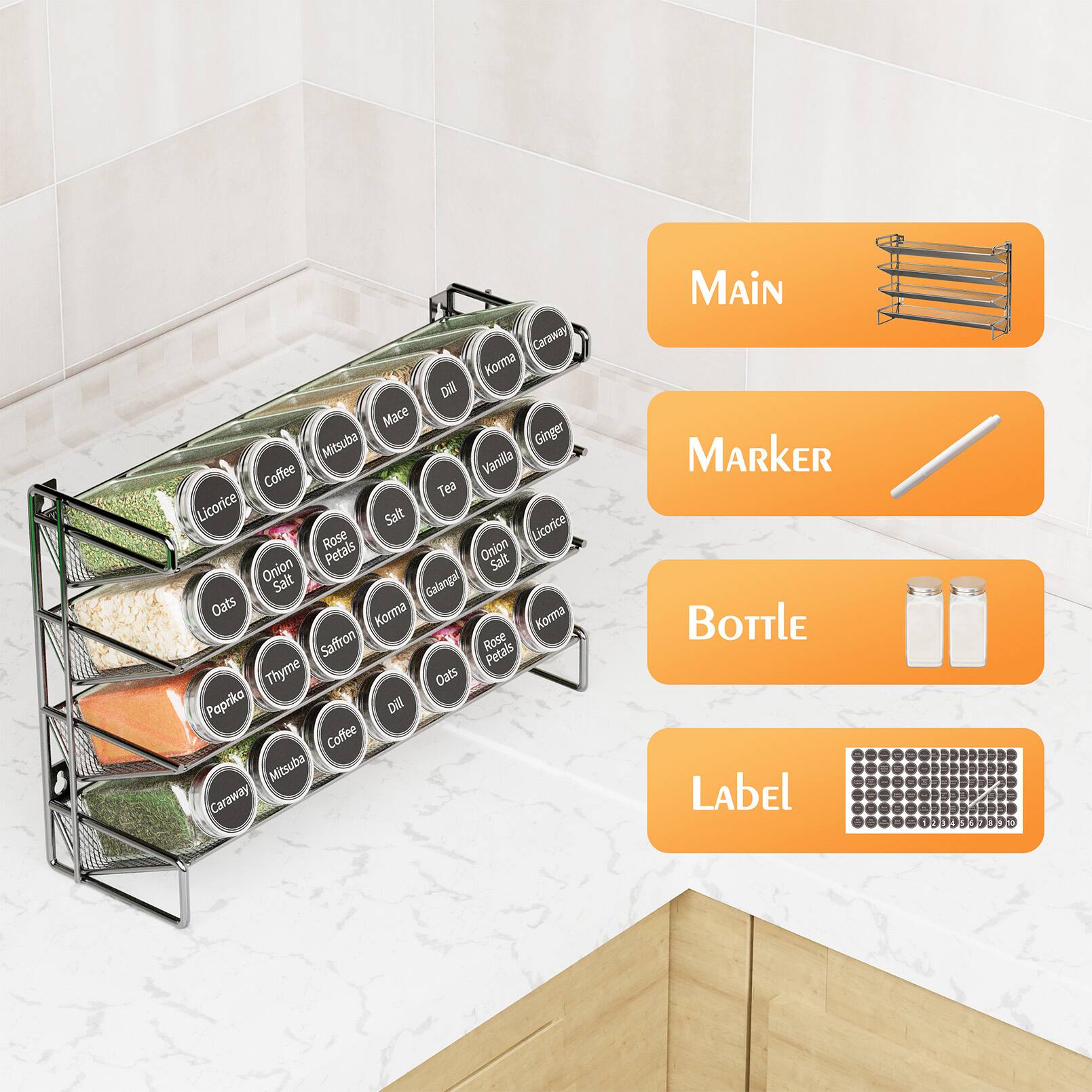 Caraway  
Korma  
Dill  
Mace  
Mitsuba  
Ginger  
Coffee  
Vanilla  
Tea  
Licorice  
Salt  
Rose  
Licorice Petals  
Onion Salt  
Onion Salt  
Galangal  
Oats  
Korma  
Korma  
Saffron  
Rose Petals  
Thyme  
Popriko  
Dill  
Coffee  
Mitsuba  
Caraway  

Main  
Marker  
Bottle  
Label