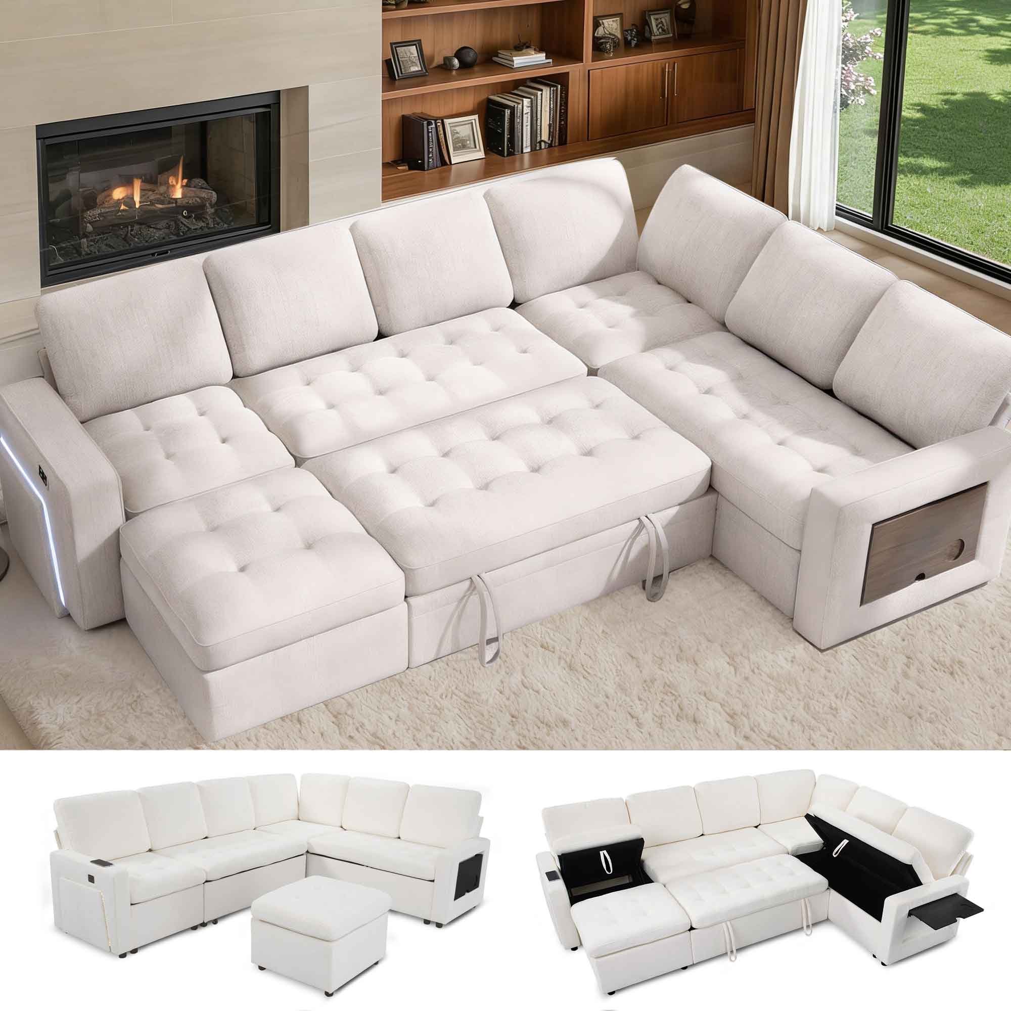 Vipbear - 7-Seat Modular Sectional Sleeper Sofa with Pull-Out Bed, Reclining Backrest, USB Ports, Table, LED Lights,Beige - Beige