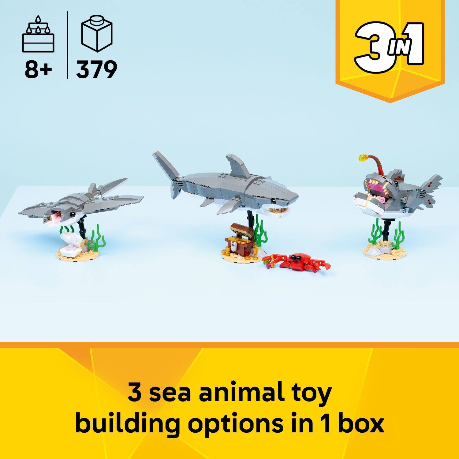 8+ 379  
3 sea animal toy building options in 1 box