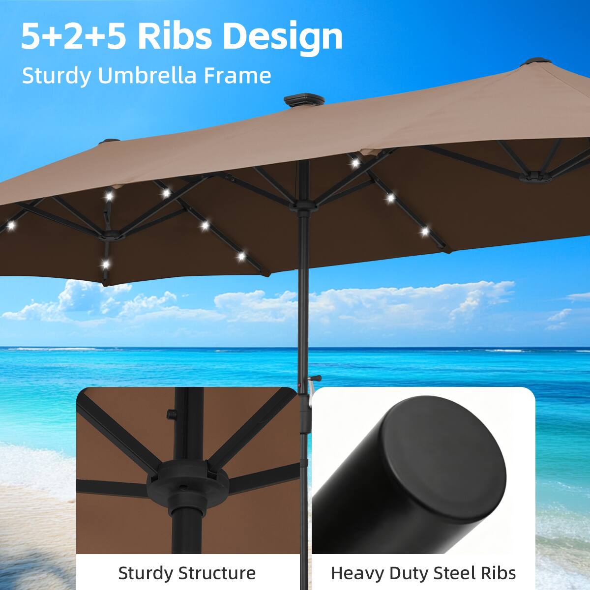 5+2+5 Ribs Design  
Sturdy Umbrella Frame  
Sturdy Structure  
Heavy Duty Steel Ribs
