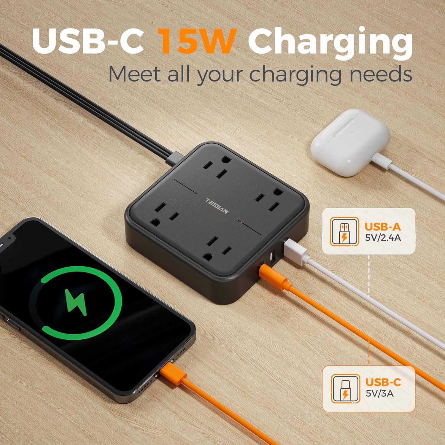 USB-C 15W Charging  
Meet all your charging needs  

USB-A 5V/2.4A  
USB-C 5V/3A
