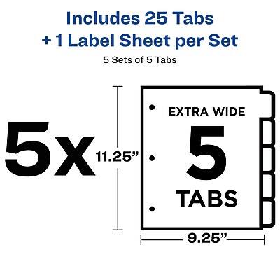 Includes 25 Tabs + 1 Label Sheet per Set  
5 Sets of 5 Tabs  

5x 11.25"  
EXTRA WIDE  
5 TABS  
9.25"