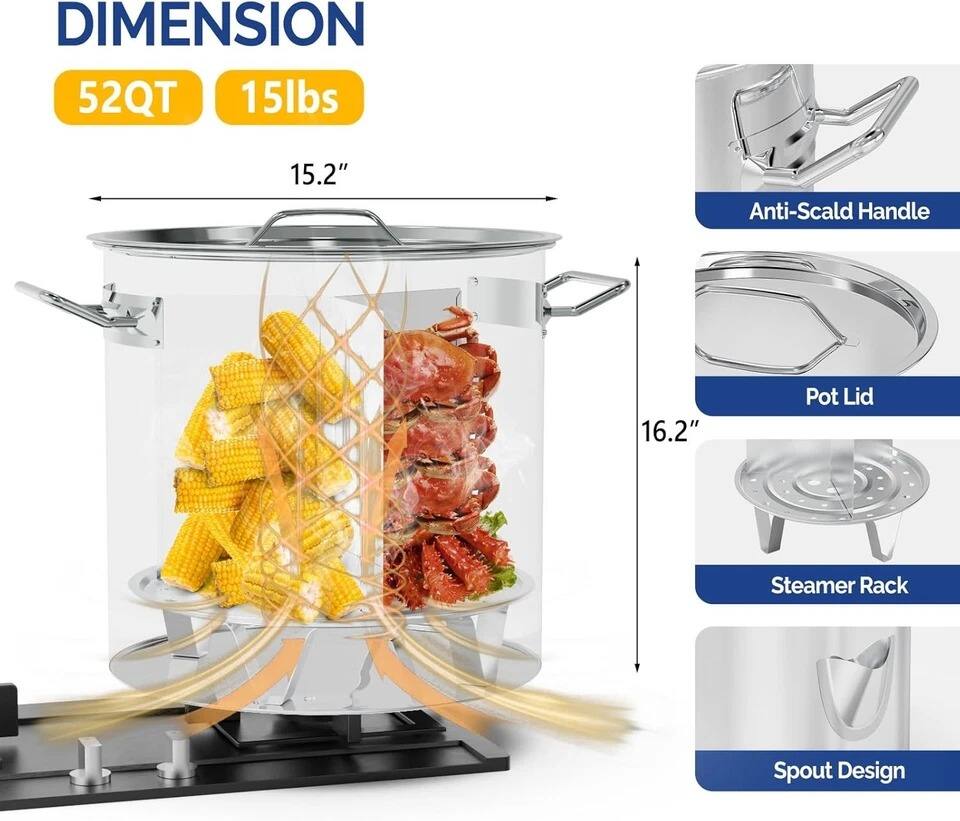 DIMENSION  
52QT  
15lbs  

15.2"  
16.2"  

Anti-Scald Handle  
Pot Lid  
Steamer Rack  
Spout Design