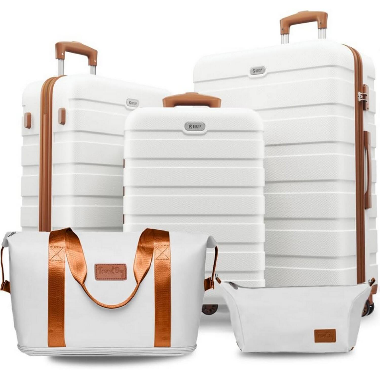 Front. KERDOM - 5pcs Luggage Set - 20+24+28+2 Carry Bags Durable Suitcase Set, TSA Lock, Universal Wheels, Impact Resistance Lightweight - White Brown.