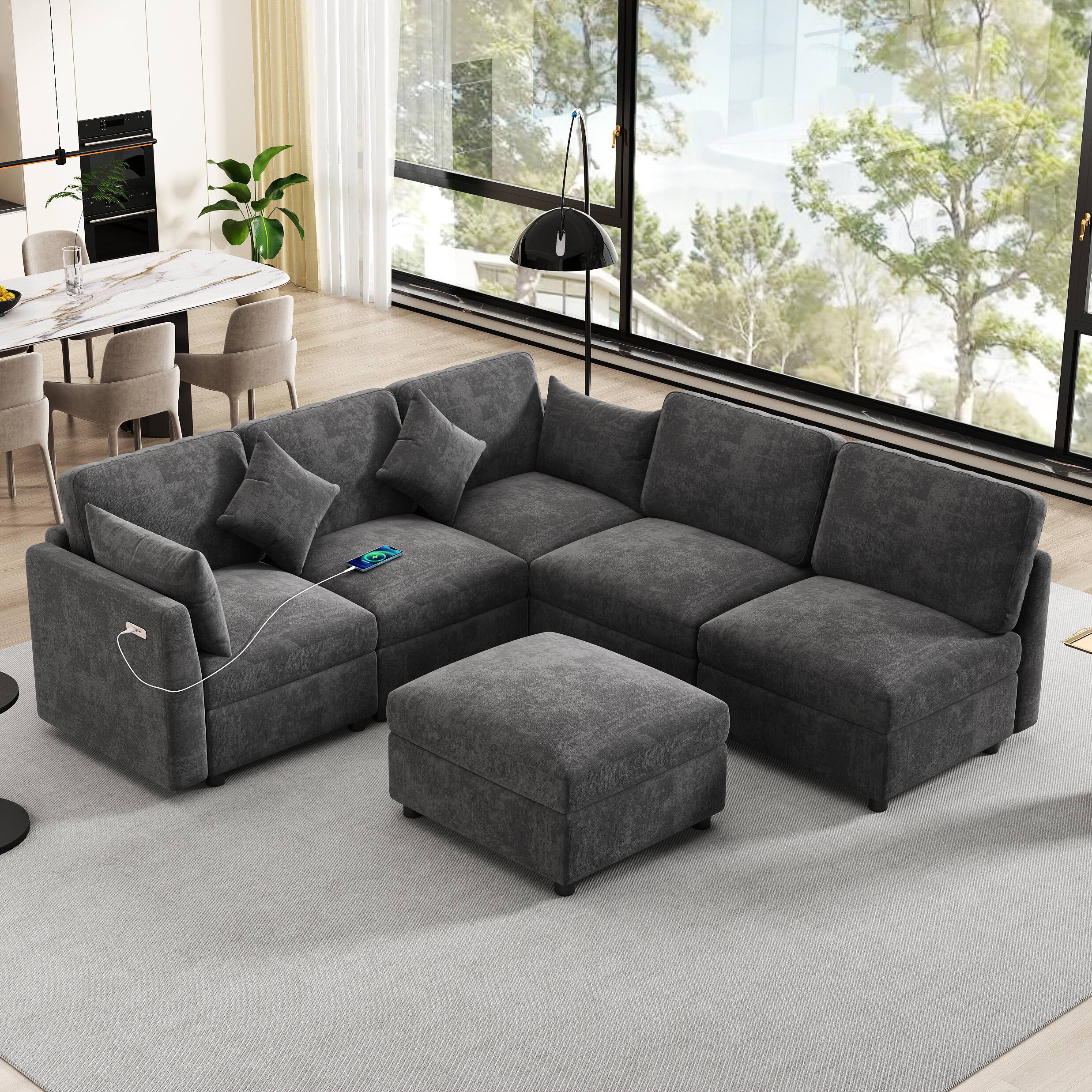 Angle. Whisen - Modular U-Shaped Sectional Sofa Bed with a Movable Ottoman and Two USB Ports for Living Room - Black.