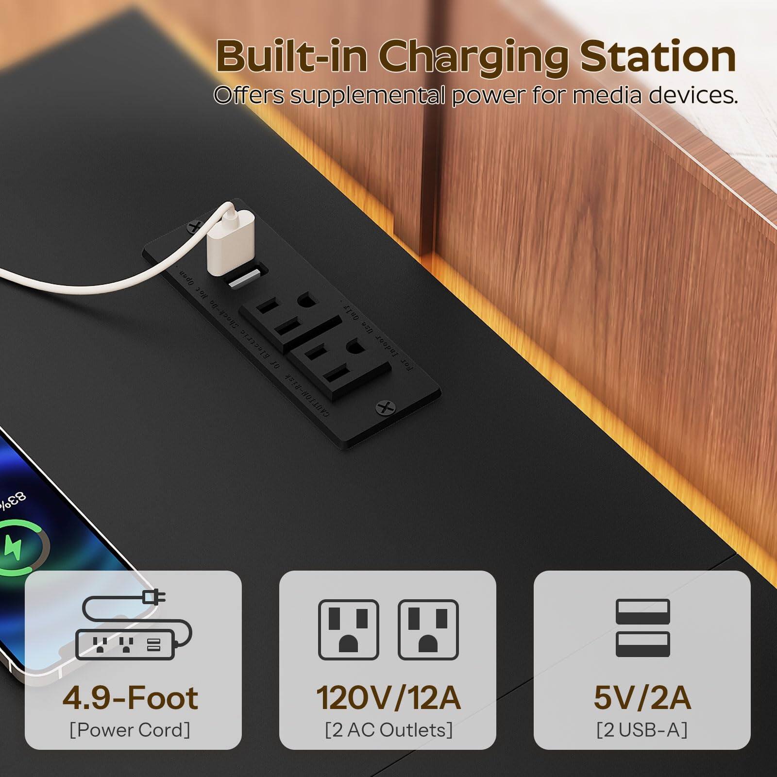 Built-in Charging Station  
Offers supplemental power for media devices.

- 4.9-Foot [Power Cord]
- 120V/12A [2 AC Outlets]
- 5V/2A [2 USB-A]