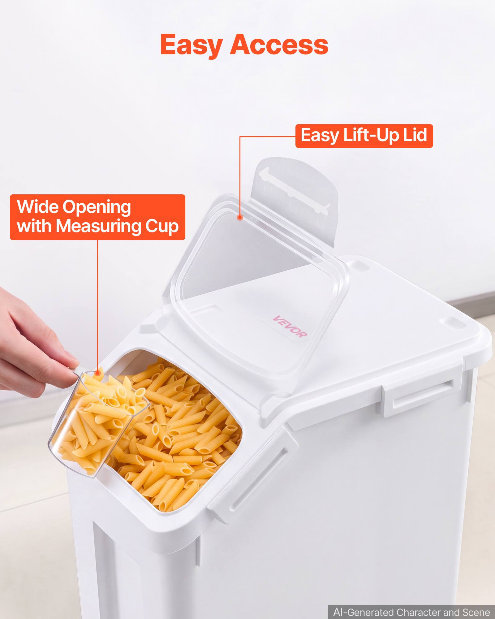 Easy Access  
Easy Lift-Up Lid  
Wide Opening with Measuring Cup  
VEVOR  
AI-Generated Character and Scene