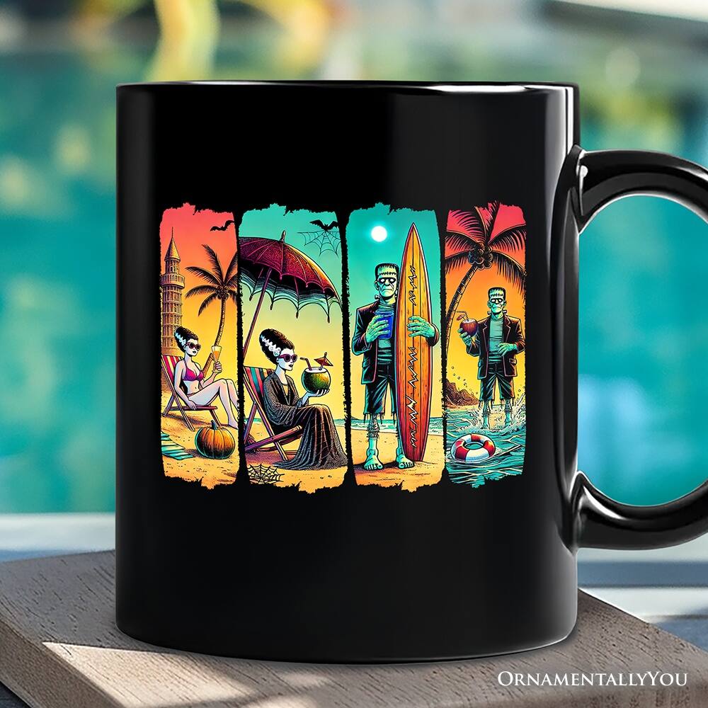 Back. OrnamentallyYou - Frankenstein's Beach Vacation Mug, Retro Neon Summer Vibes Gift - Black.