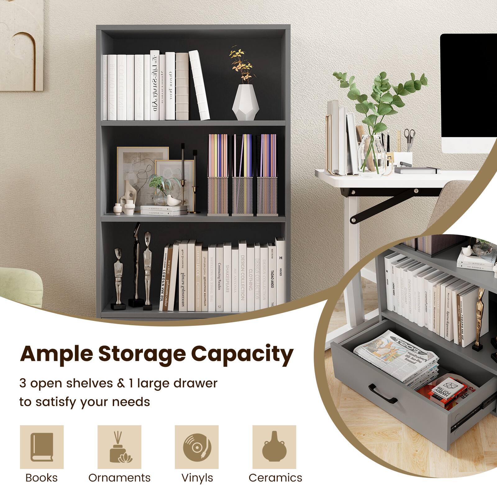 Ample Storage Capacity: 3 open shelves & 1 large drawer to satisfy your needs.