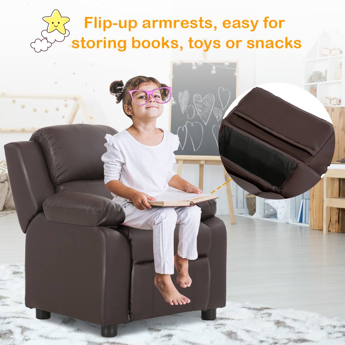 Flip-up armrests, easy for storing books, toys or snacks