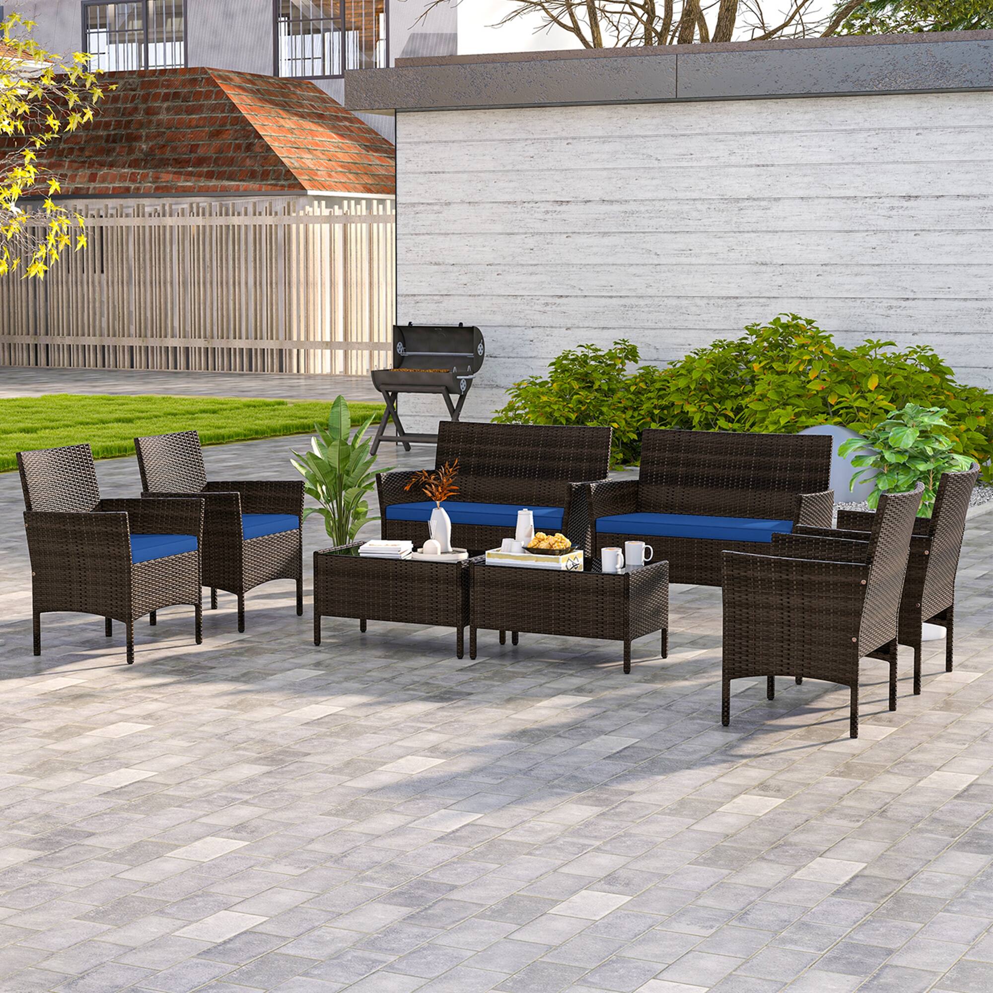 Alt View 1. Costway - 8 PCS Patio Furniture Set with Washable Cushions and Tempered Glass Coffee Table - Mix Brown + Navy.