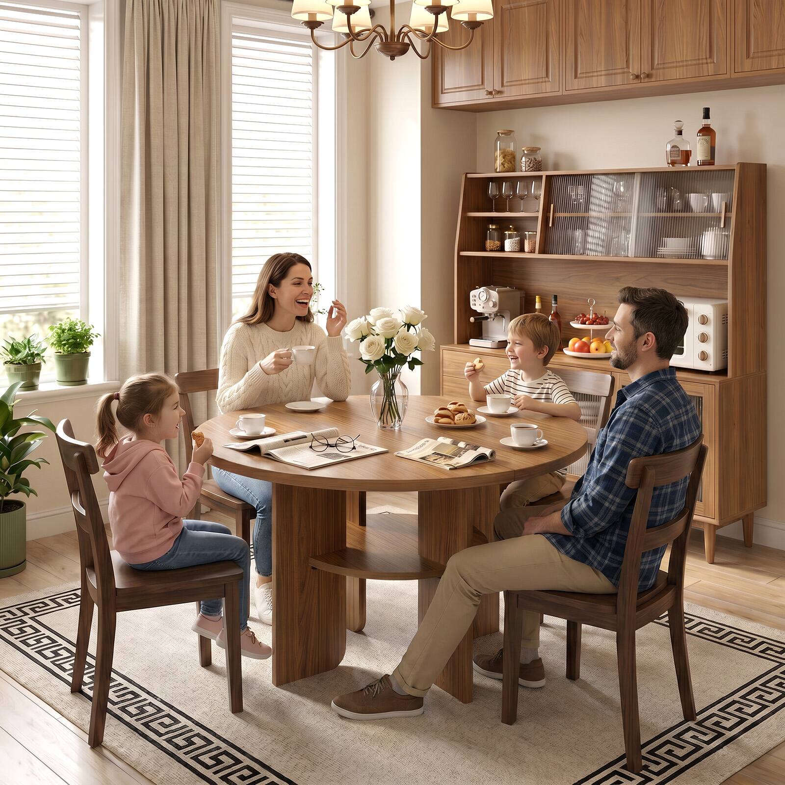 Left. Bestier - Modern Dining Table with Built-in Storage, Metal-Wrapped Wood Legs, Stable Triangular Base - Brown Oak.