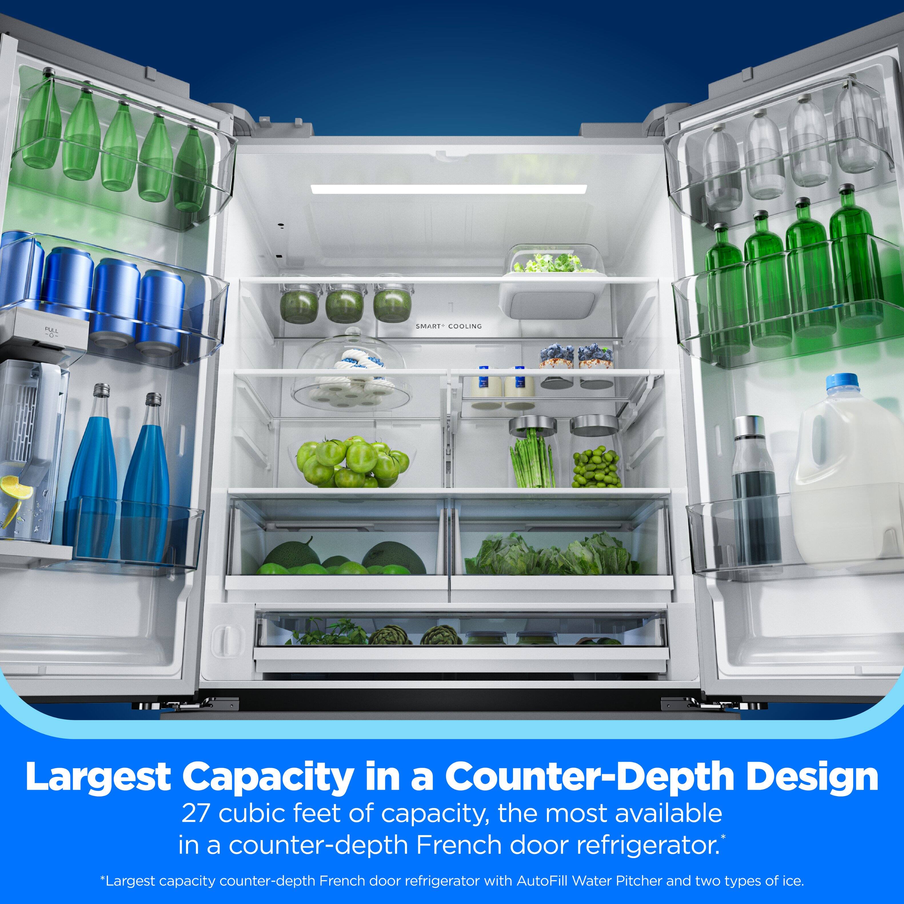 PAL -00

SMART COOLING

Largest Capacity in a Counter-Depth Design
27 cubic feet of capacity, the most available in a counter-depth French door refrigerator.
*Largest capacity counter-depth French door refrigerator with AutoFill Water Pitcher and two types of ice.