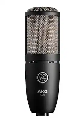 The text on the image reads "0 20dB AKG P220." This indicates that the microphone is set to a 0 dB gain, which is the lowest possible setting. The AKG P220 is a high-quality microphone known for its excellent sound reproduction and durability.