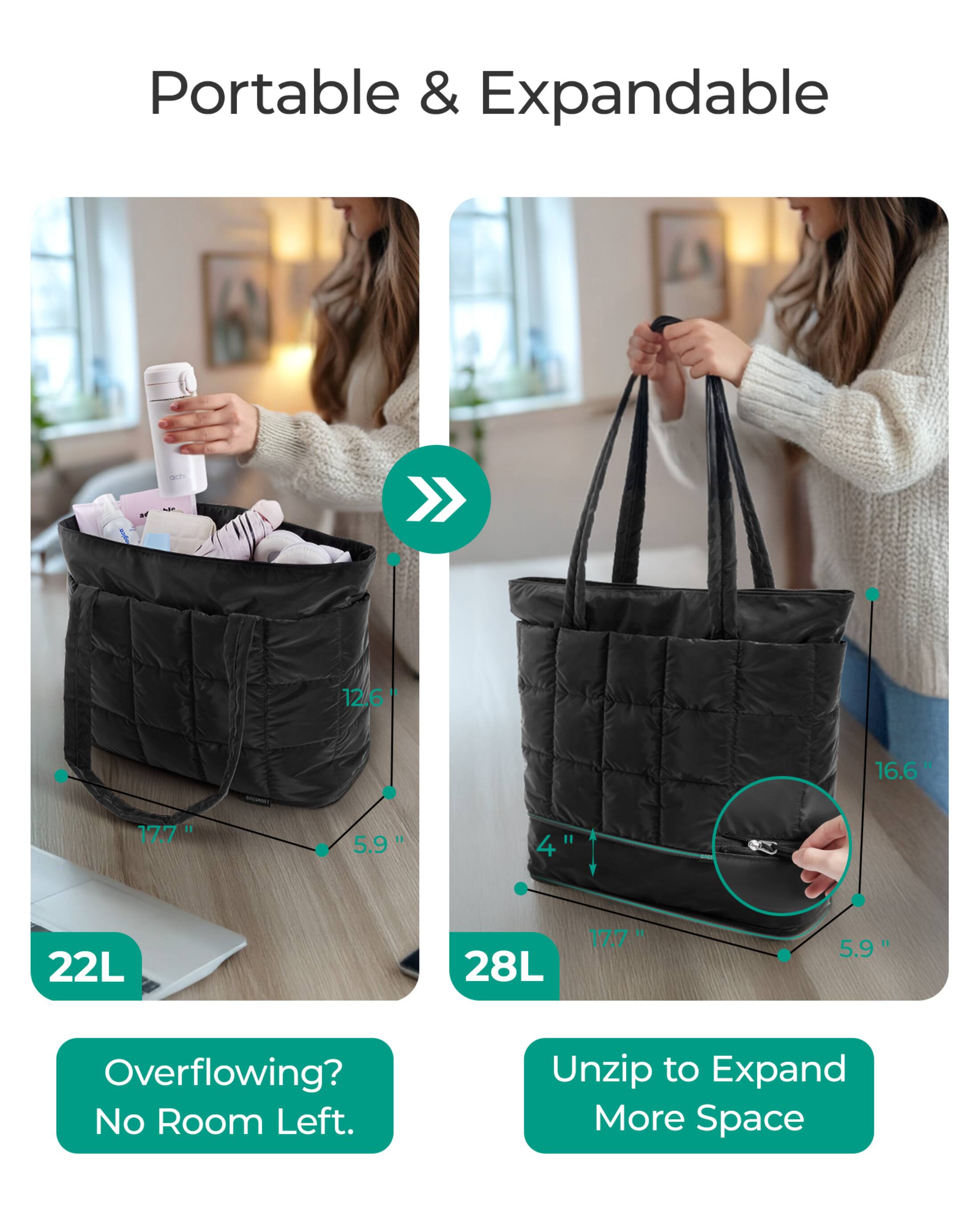 Portable & Expandable

12.6"
16.6"
17.7"
5.9"
4"
22L
28L

Overflowing? No Room Left.
Unzip to Expand More Space