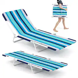 Costway - 2 PCS Outdoor Folding Chaise Lounge with Carry Strap, Metal Frame for Patio Poolside - Blue + Navy