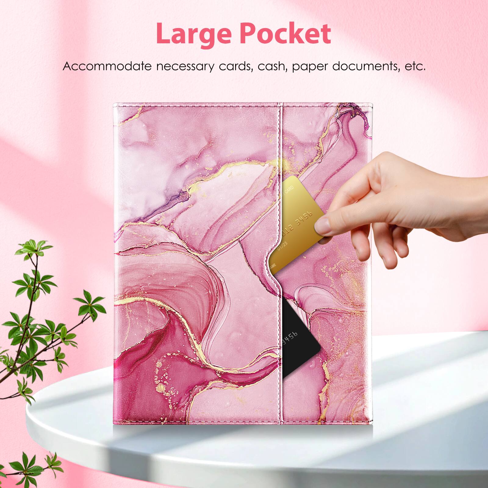 Large Pocket  
Accommodate necessary cards, cash, paper documents, etc.  
CARD 3456 12 01/23 13456 456