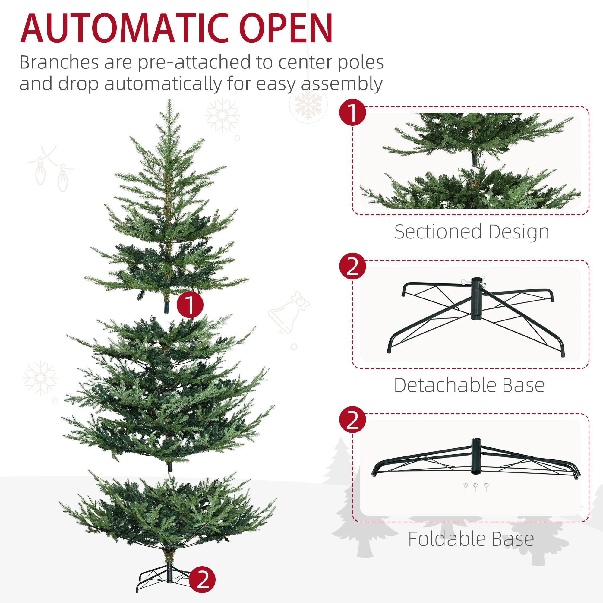 AUTOMATIC OPEN
Branches are pre-attached to center poles and drop automatically for easy assembly

1. Sectioned Design
2. Detachable Base
3. Foldable Base