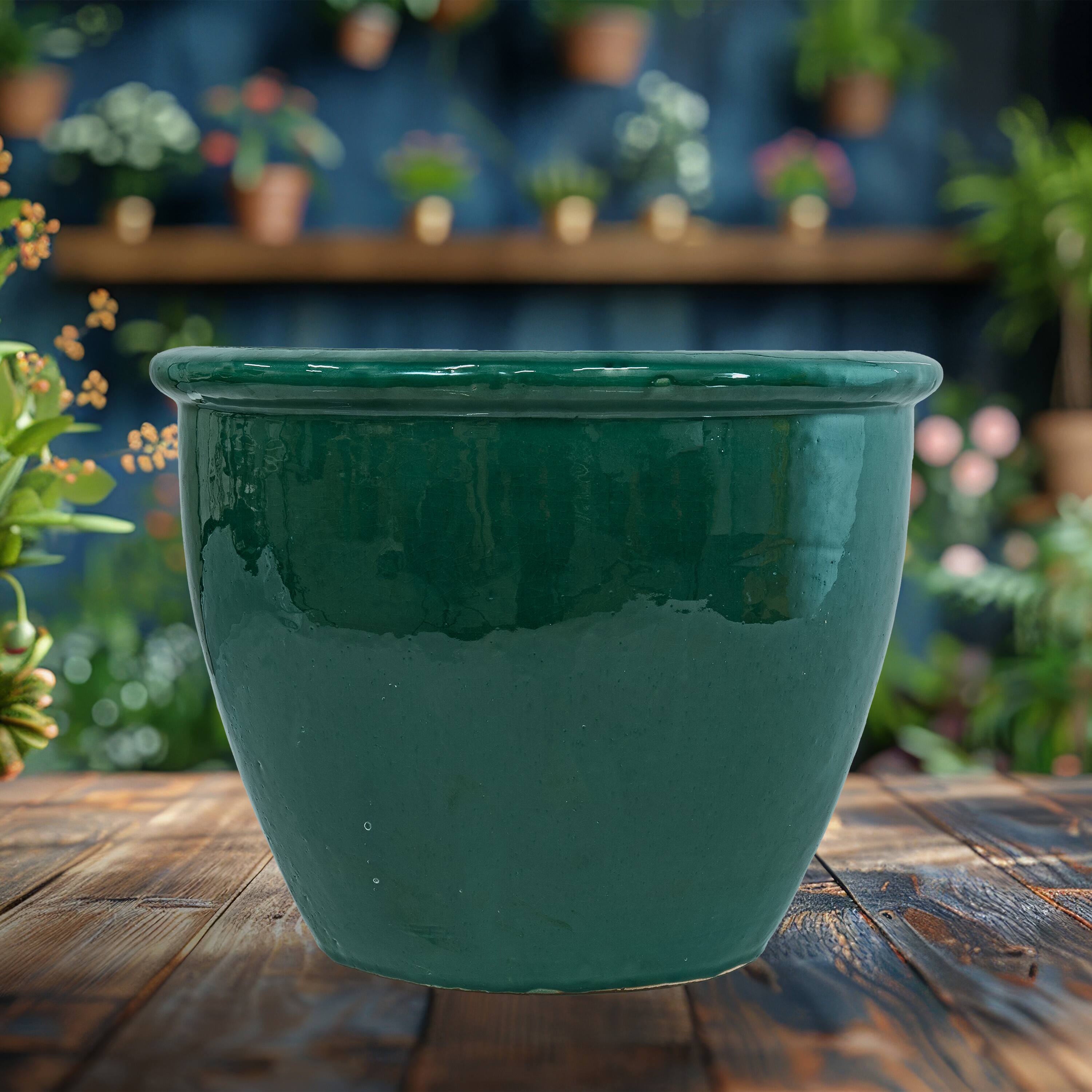 Alt View 1. Sunnydaze - 14.5 in Chalet High-Fired Glazed Ceramic Planter - Dark Green.