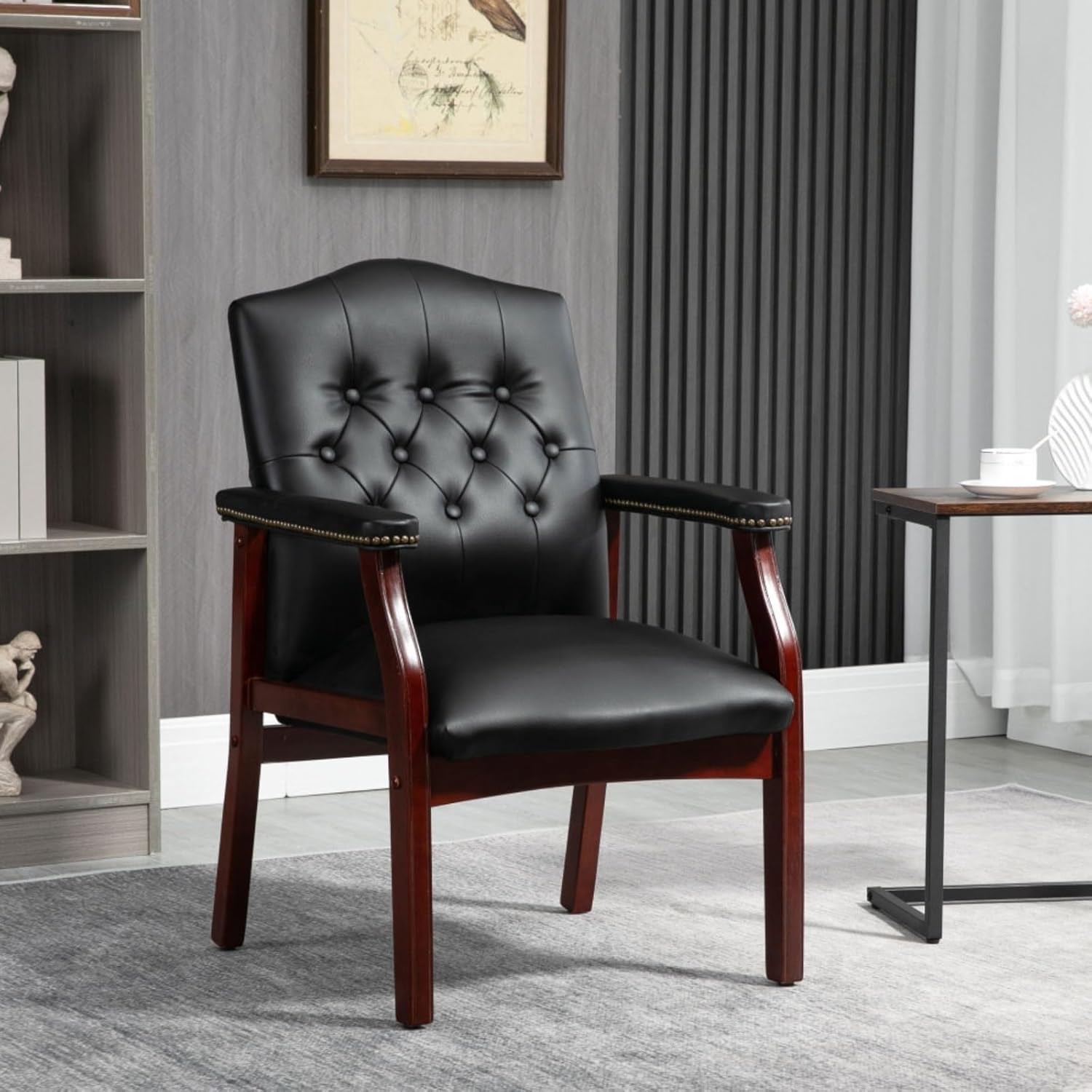 Trinkets Crazed - Leather Reception Guest Chairs W/Padded Seat and Arms Ergonomic Mid-Back Office Executive Side Chair  - Black