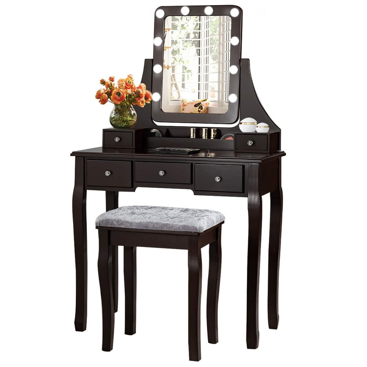 Ecooso - 10-Bulb Lighted Vanity Desk Set with Adjustable Brightness and Upholstered Stool for Bedroom - Brown