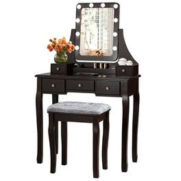 Ecooso - 10-Bulb Lighted Vanity Desk Set with Adjustable Brightness and Upholstered Stool for Bedroom - Brown
