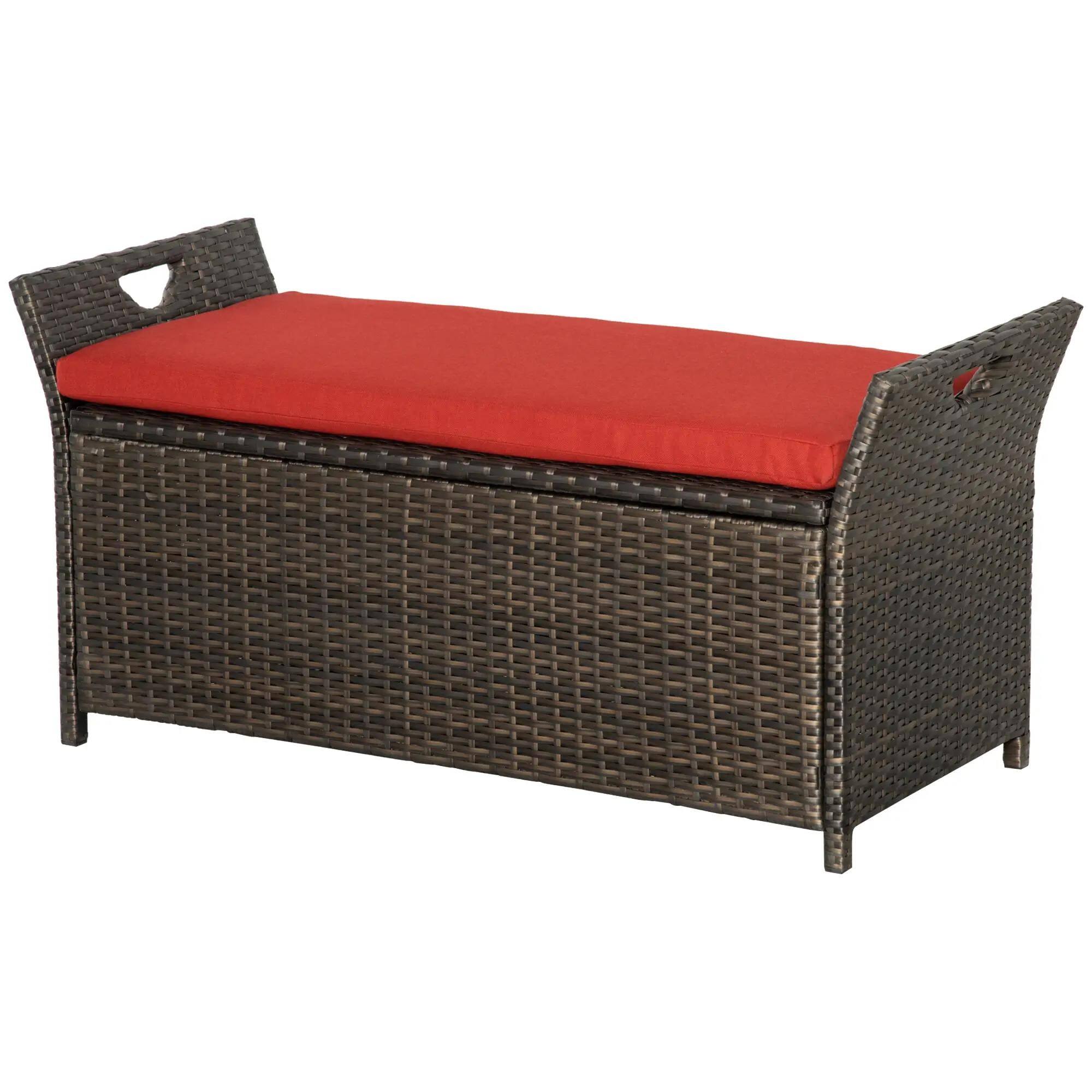 Angle. Resenkos - Resenkos 29 Gallon Wicker Bench, Outdoor PE Rattan Storage Box, 2-in-1 Large Rectangular Garden Seat, Red Handles, Red - Red.