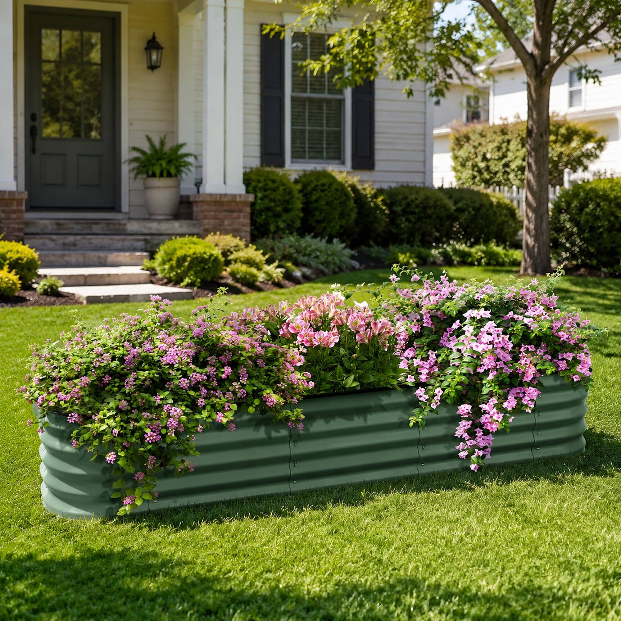 Angle. RYHNUYNE - Galvanized Raised Garden Bed Kit 6.4x2x1 ft Outdoor Metal Planter Box with Safety Edging for Vegetables Flowers - Green.