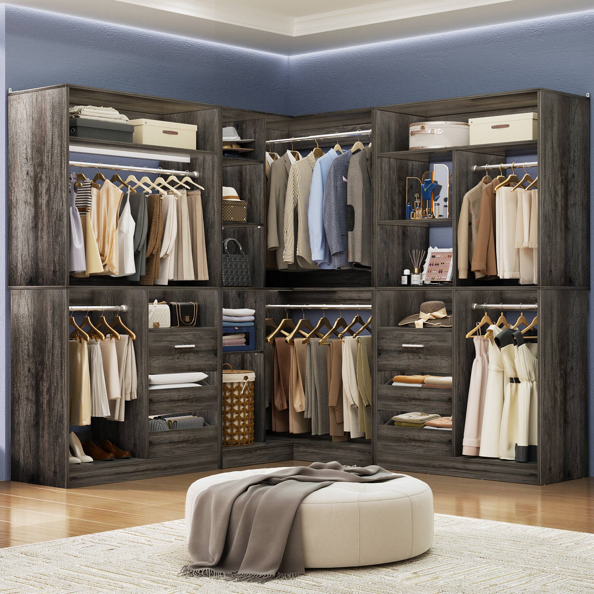 Angle. Aheaplus - 6-9 FT L-Shaped Walk-In Closet with 6 Drawers, 6 Hanging Rods & Open Shelves, Heavy Duty Bedroom Wardrobe - Gray Oak.