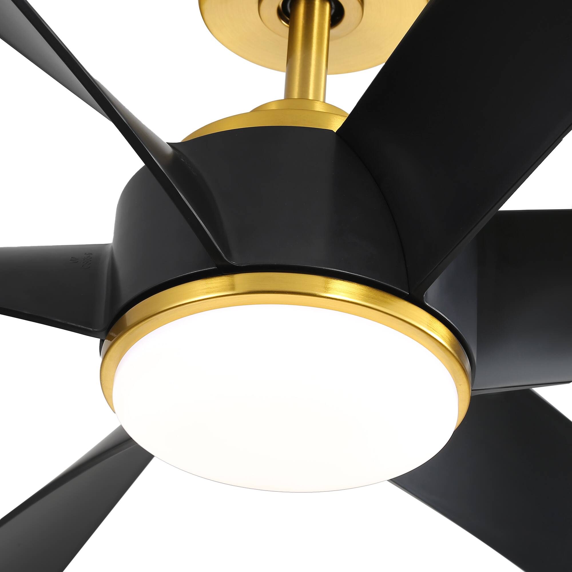 Left. Breezary - 65" Large Indoor Ceiling Fan with Remote Control, 6 ABS Blades, 6-Speed DC Motor, 7"/12" Downrods, Light/No Light Option - Gold and Black (With Light).