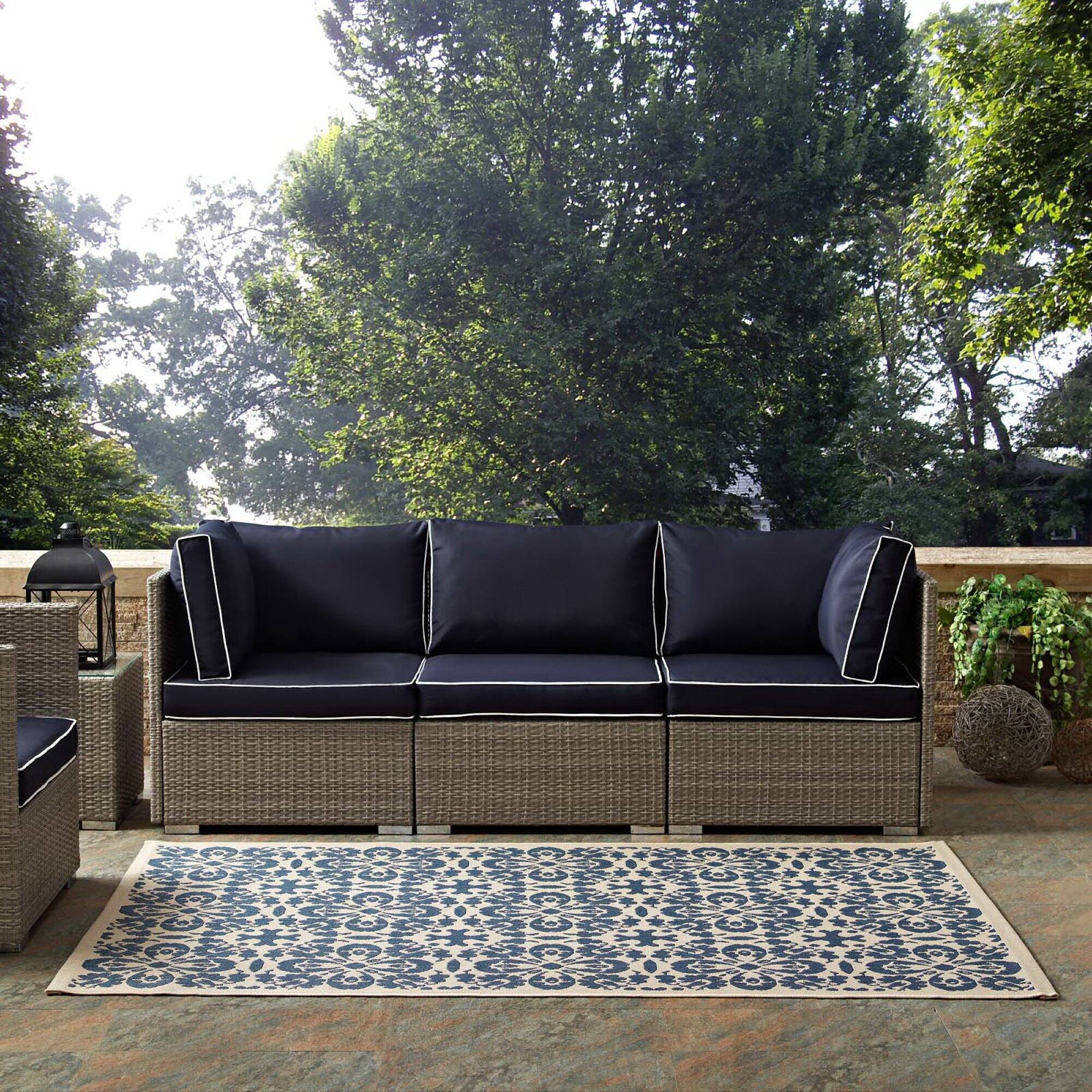 Left. Modway - Ariana Vintage Floral Trellis Indoor and Outdoor Area Rug - Blue and Beige.