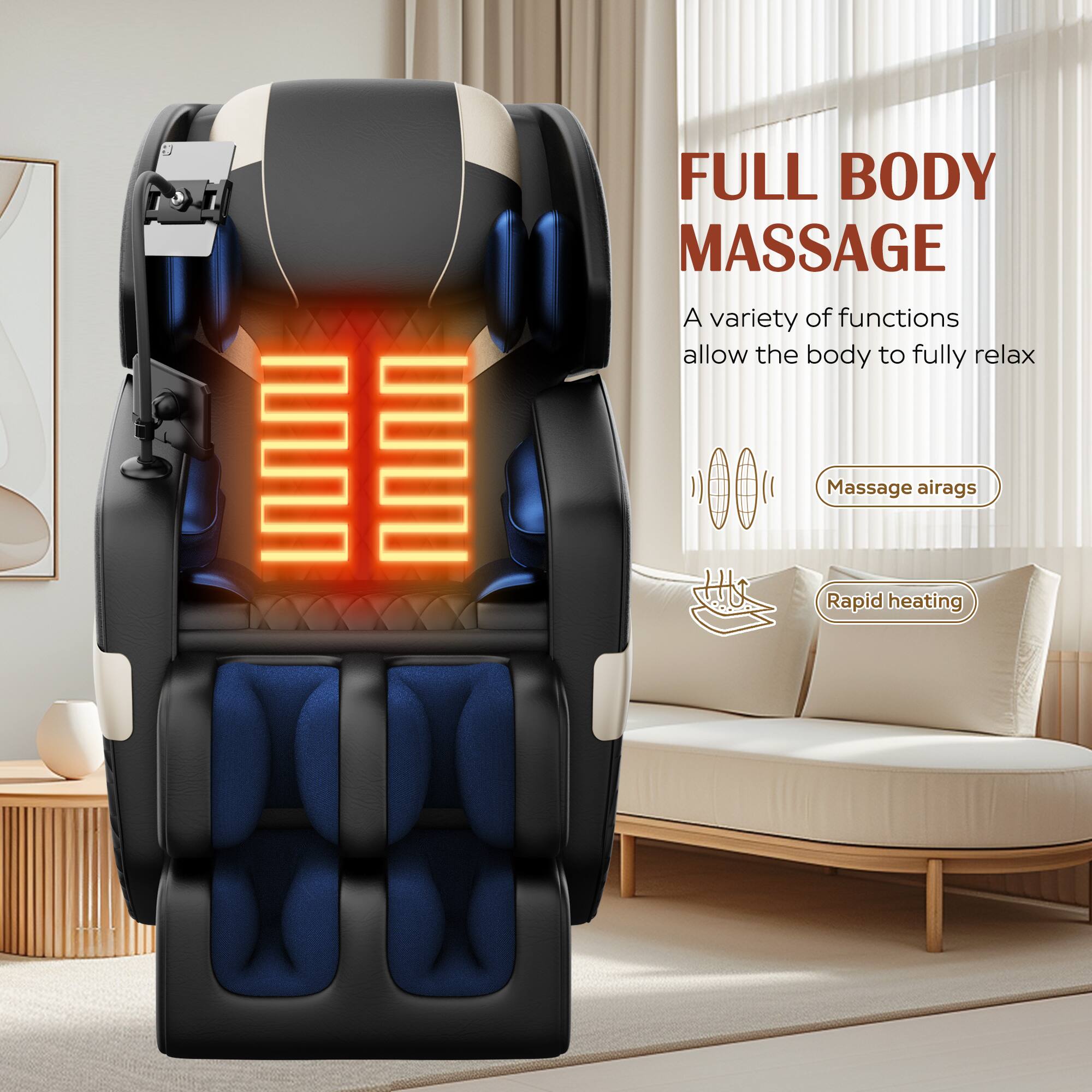 FULL BODY MASSAGE  
A variety of functions allow the body to fully relax  

Massage airbags  
Rapid heating