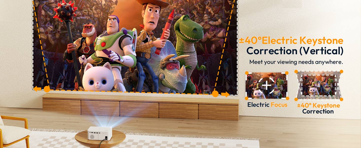 ±40° Electric Keystone Correction (Vertical)  
Meet your viewing needs anywhere.  

Electric Focus  
±40° Keystone Correction