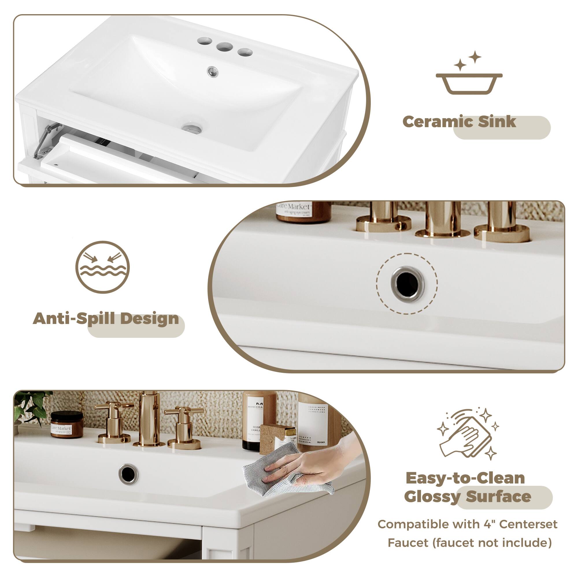 Ceramic Sink e "Market Anti-Spill Design" - ruNI C: Easy-to-Clean Glossy Surface Compatible with 4" Centerset Faucet (faucet not included)