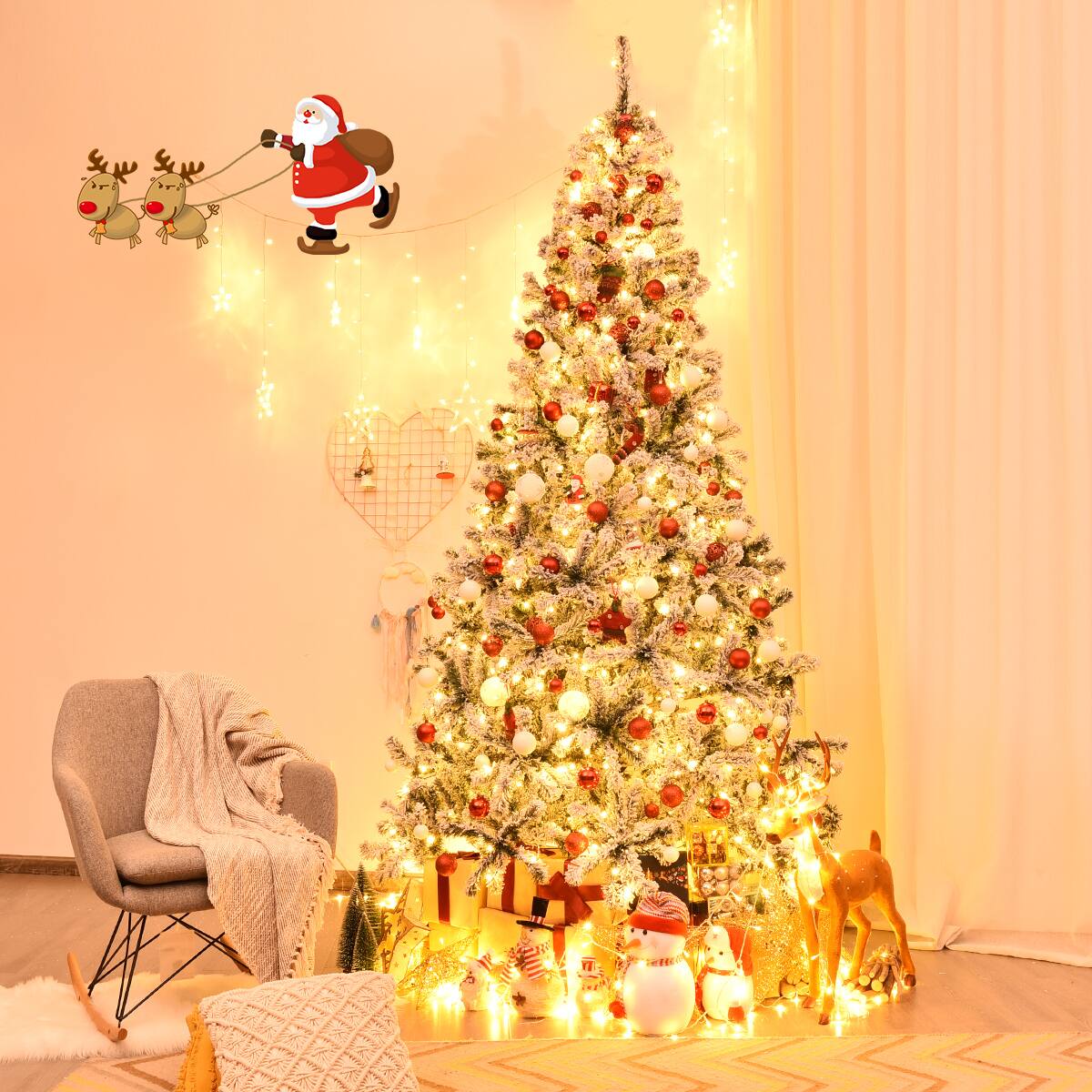 Alt View 11. Costway - 9 ft Pre-Lit Premium Snow Flocked Hinged Artificial Christmas Tree with 550 Lights - Green /White.
