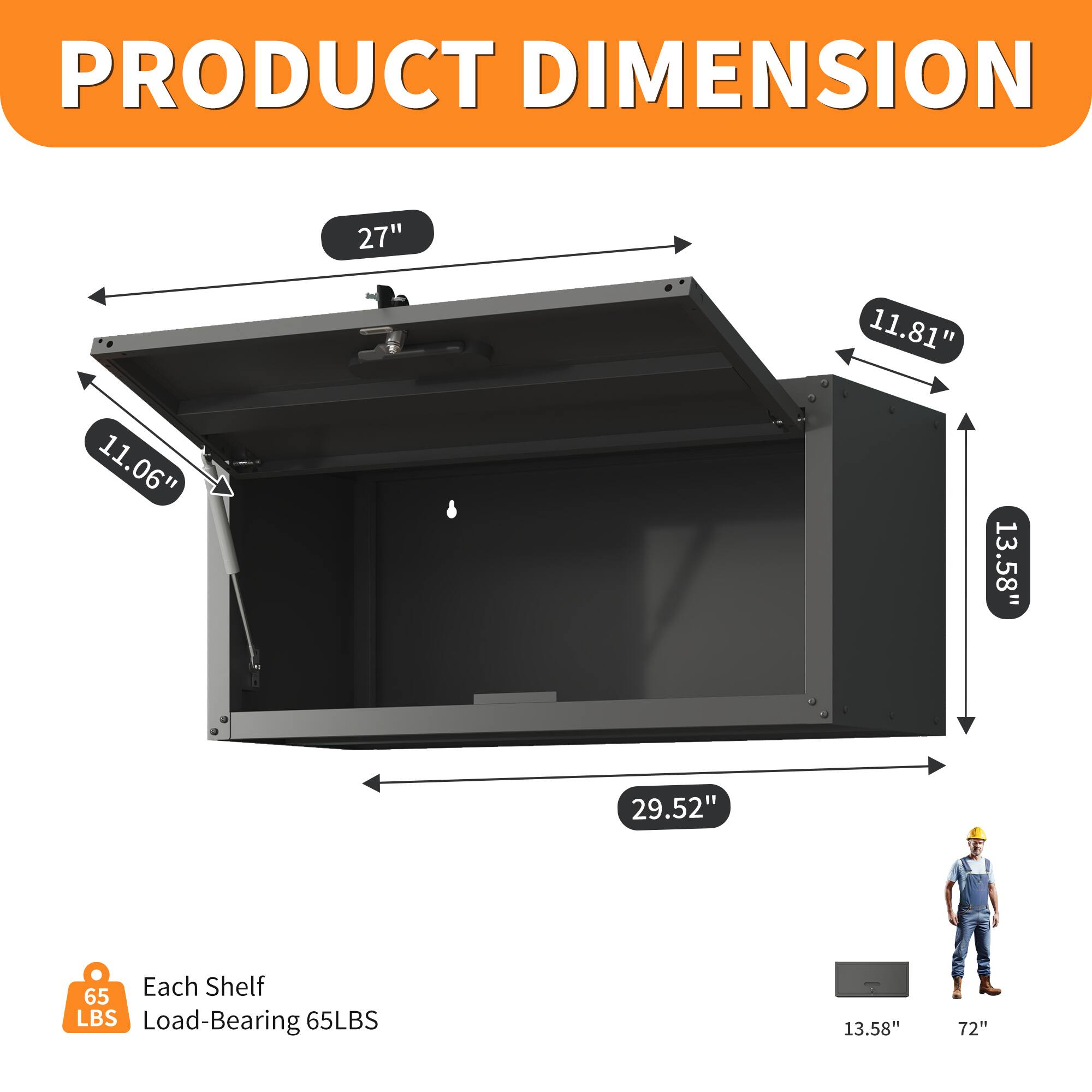 PRODUCT DIMENSION

- 27"
- 11.81"
- 11.06"
- 13.58"
- 29.52"

Each Shelf Load-Bearing 65LBS

13.58" 72"