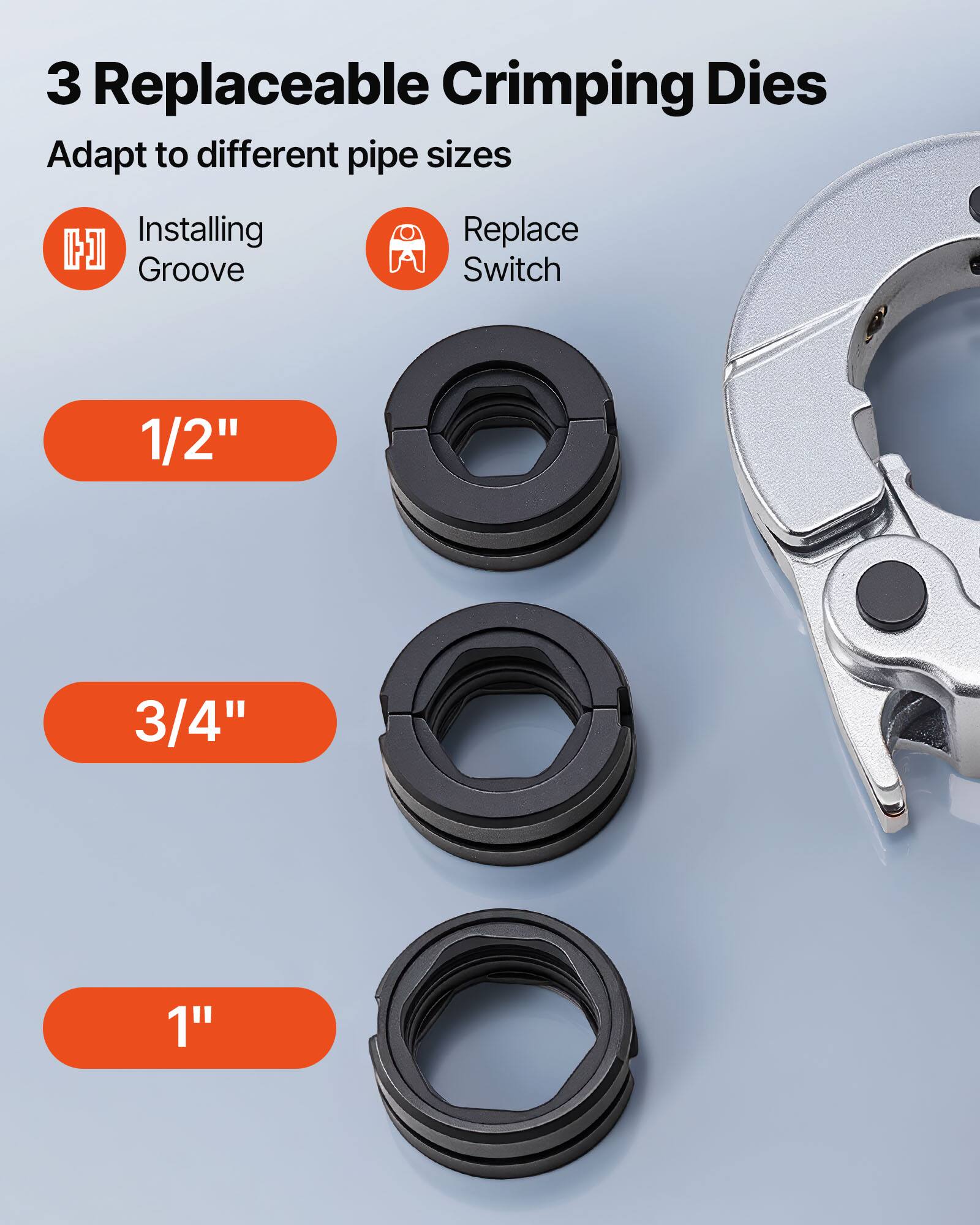 3 Replaceable Crimping Dies  
Adapt to different pipe sizes  

Installing Groove  
Replace Switch  

1/2"  
3/4"  
1"