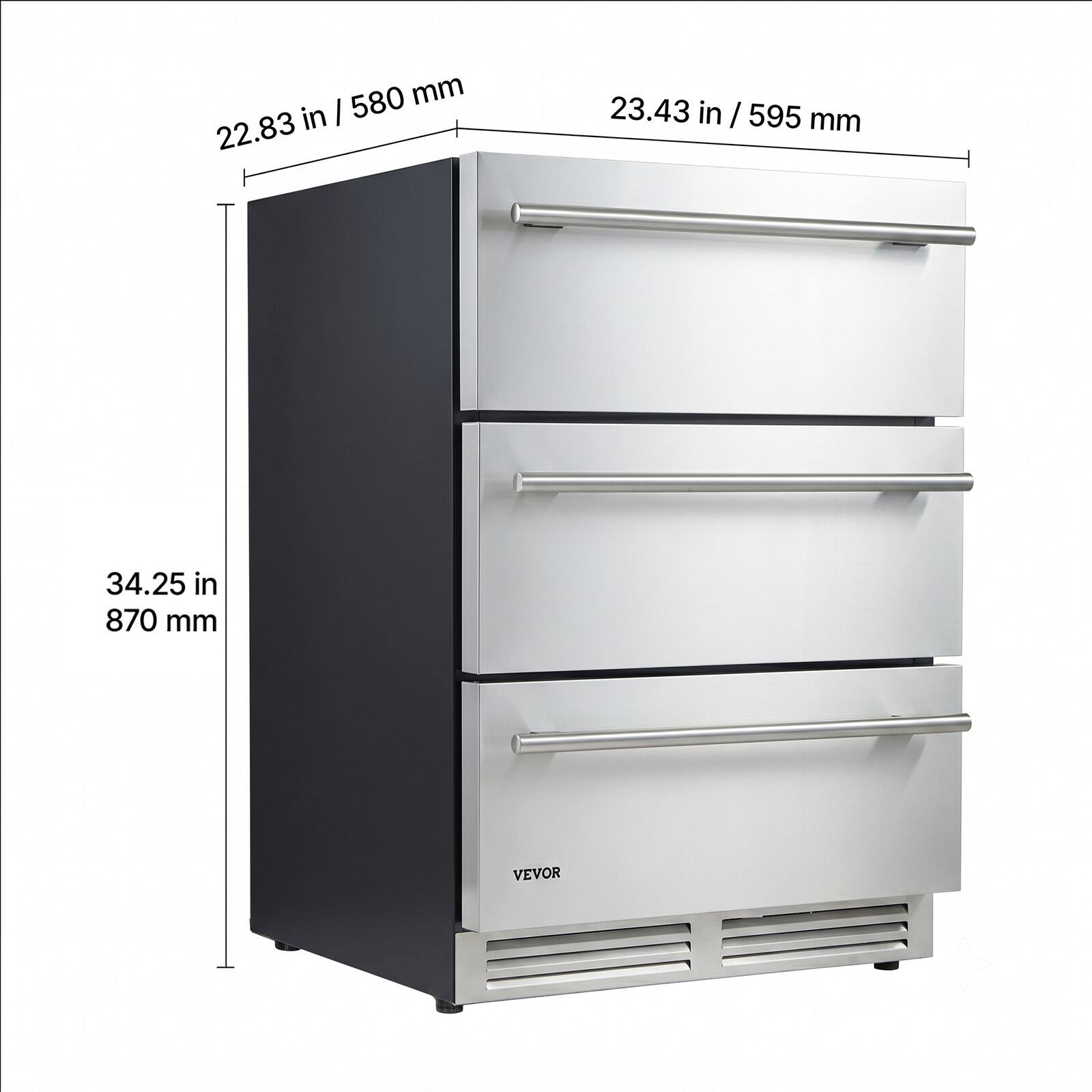 22.83 in / 580 mm  
23.43 in / 595 mm  
34.25 in / 870 mm  
VEVOR