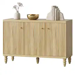 Bestier - Mid Century Fluted TV Stand with 3 Doors, Retro Media Console with Brushed Gold Handles & Wood Legs - Natual Oak