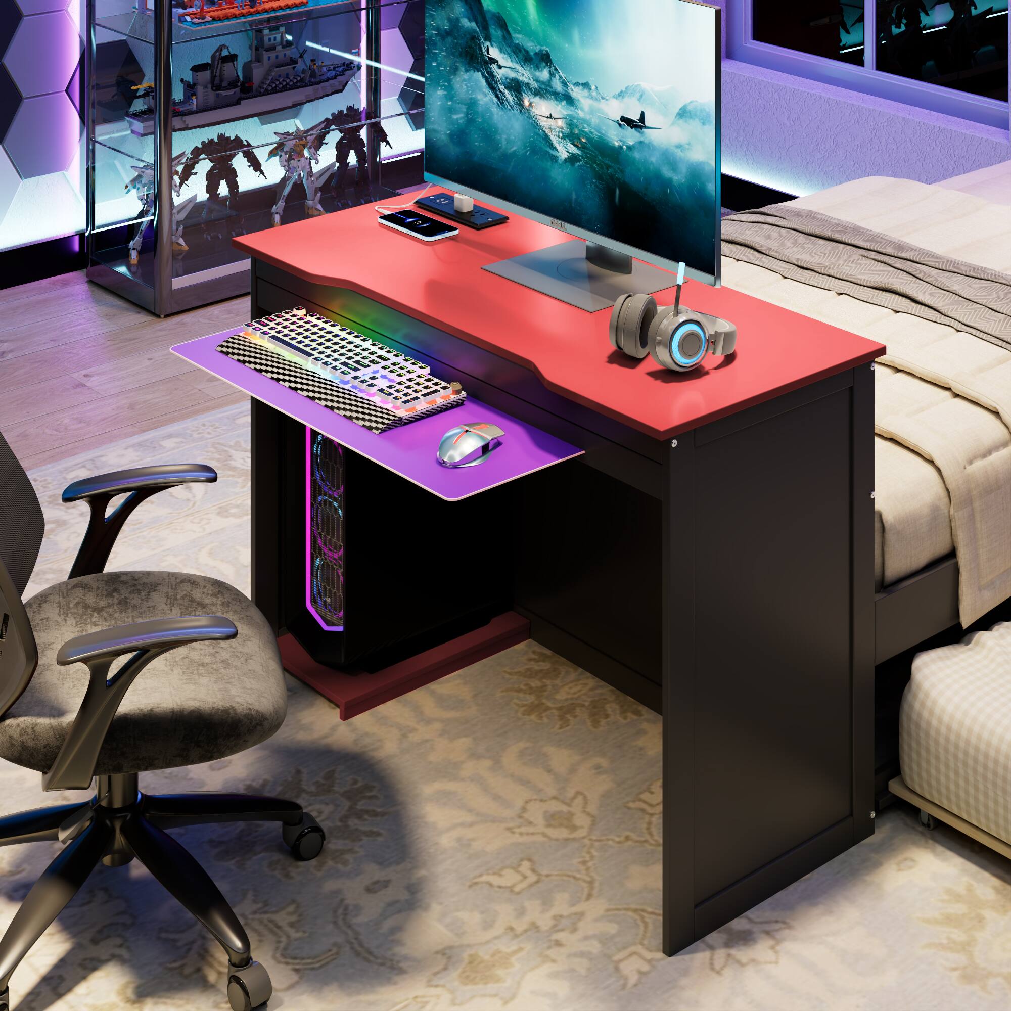 Alt View 2. Anysun - Twin Size Wood Daybed with Twin Size Trundle,Desk,LED light and USB - Red.